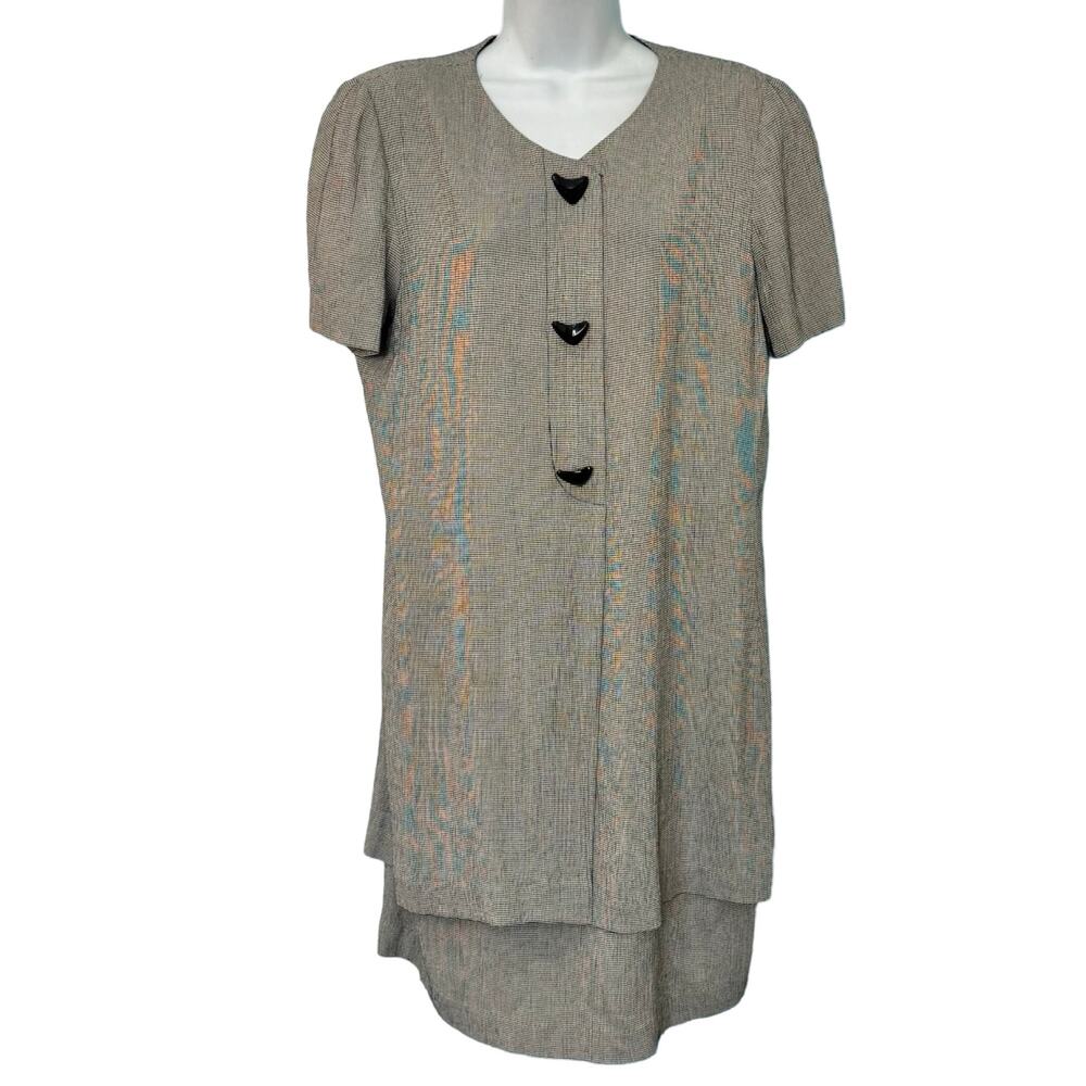 Vintage 80s Gray Black Houndstooth Boomerang Button Blouson Dress size 12